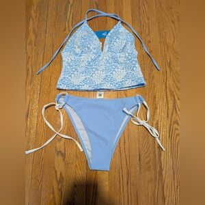 NWT Cupshe Blue Floral Tankini Set - High Waisted Tie Side Bottoms Size Small
